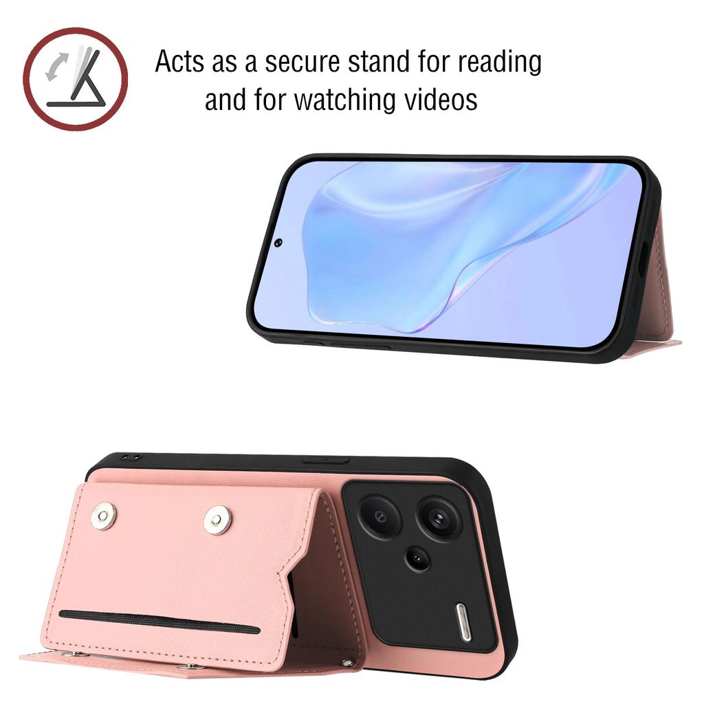 For Xiaomi Redmi Note 13 Pro+ 5G Case Card Holder Kickstand Skin-Touch Phone Cover with Wrist Strap