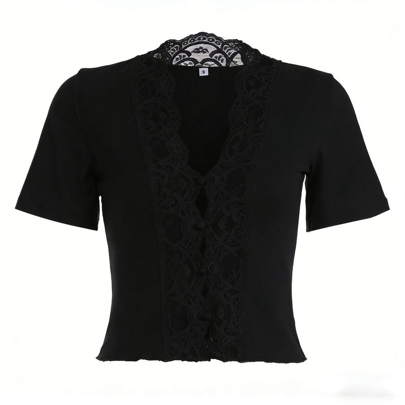 

Cross-Border Lace Patchwork Deep V-Neck Hollow-Out Button-Up T-Shirt with a Stylish Waist-Cinching Design, Intellectual Solid Color Retro-Style Top Black S
