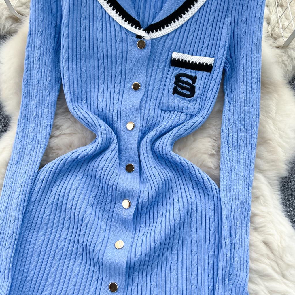 Autumn Winter Wear Embroidery Letter Knitted Sweater Dress Women Polo Single Breasted Designer Temperament Long Dresses