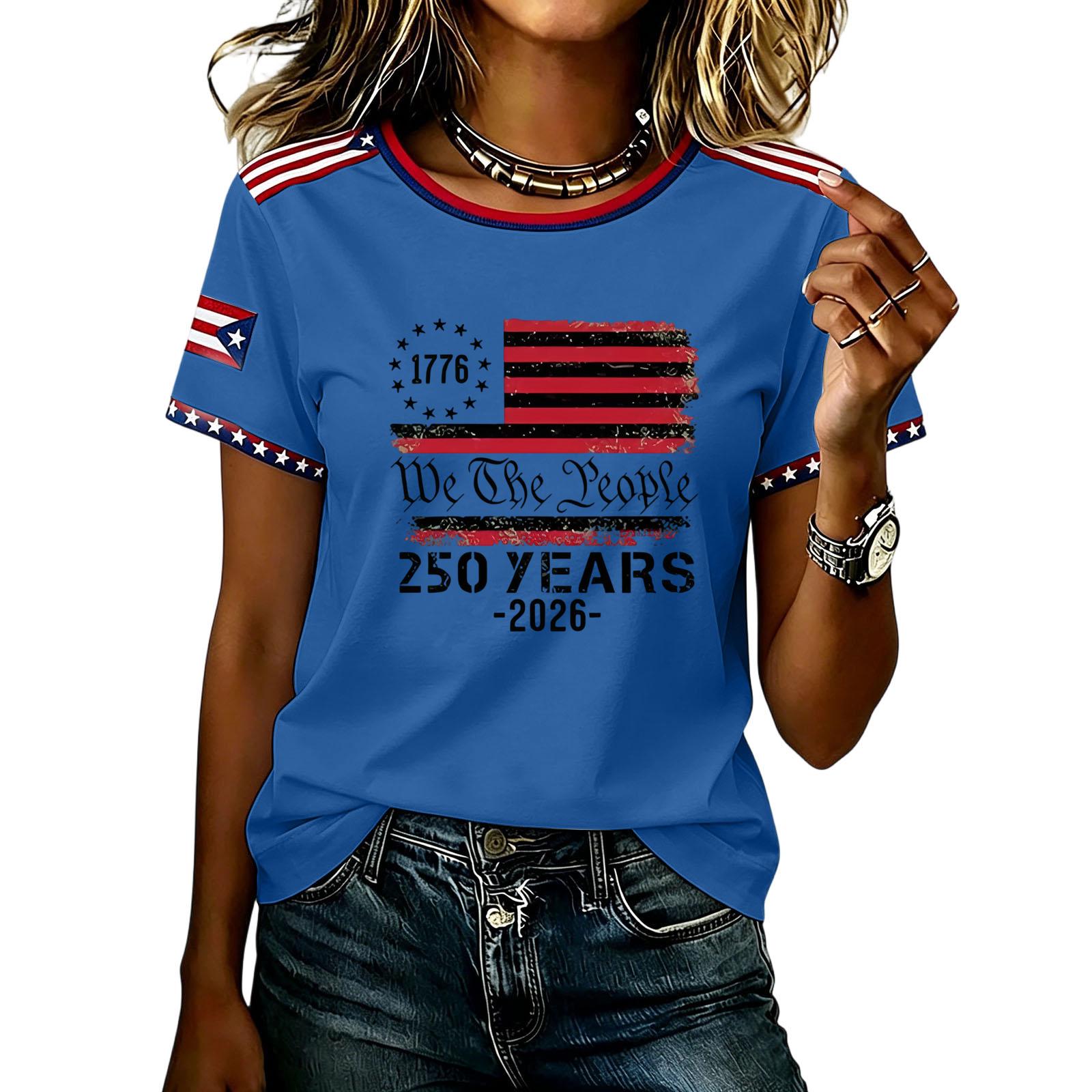 

Women’s Short Sleeve Crew Neck T Shirt with Distressed Flag Print and Star Patterned Accents for Casual Wear S синий