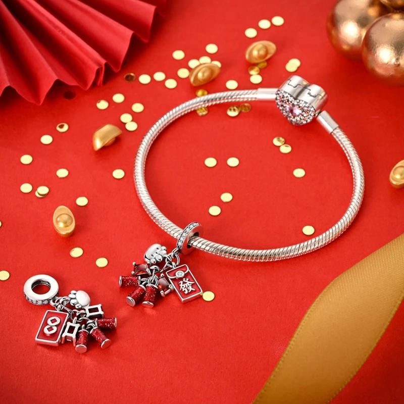 Charm-Perlen Anhänger Plata Rot Neujahr Glücklicher Knallkörper Anhänger Kompatibel Mit Authentischen Armbändern Charm-Perlen Anhänger Ideal Für Damen Schmuck D