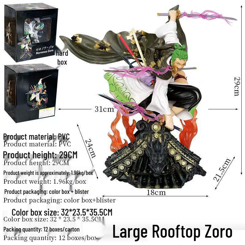 Large One Piece Zoro Three-Sword Style Rooftop Statue with Sword Qi Effect, Boxed Figure Model