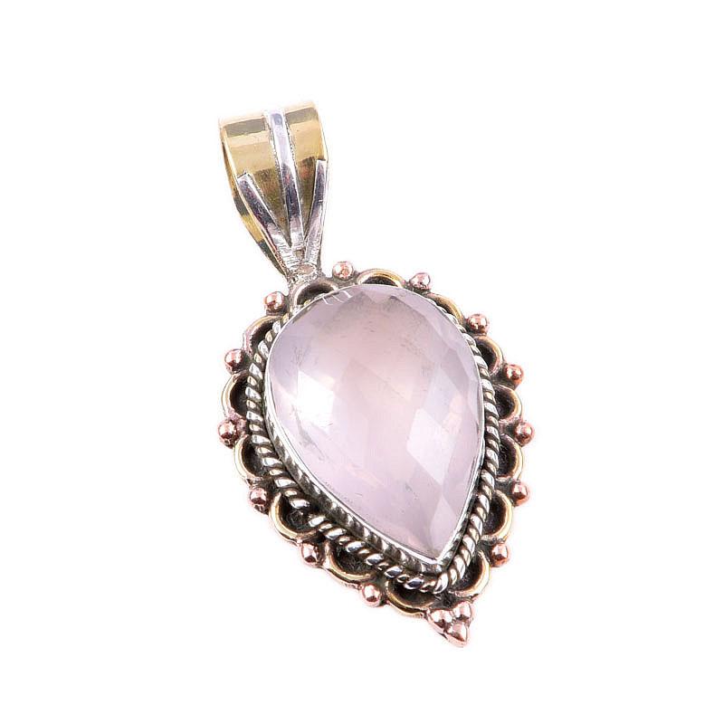Natural Rose Quartz Gemstone 925 Solid Sterling Silver TwoTone Pendant 1.5" y1p20