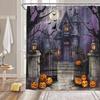 Halloween Shower Curtain Scary Night Full Moon Black Dead Tree Gothic Haunted House Castle Pumpkin Courtyard Door Happy Halloween Bathroom Decor