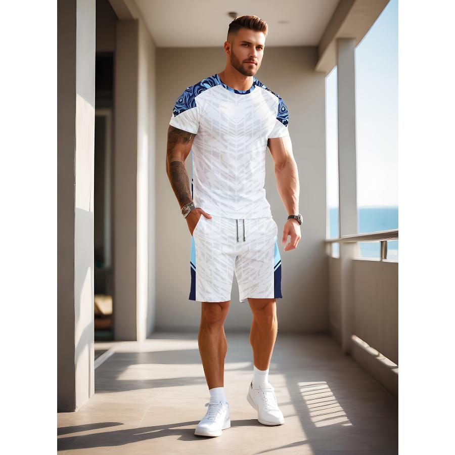 T-shirt da Uomo Manica Corta Pantaloncini Set Due Pezzi Stile Resort Moda Estate Stampa 3D
