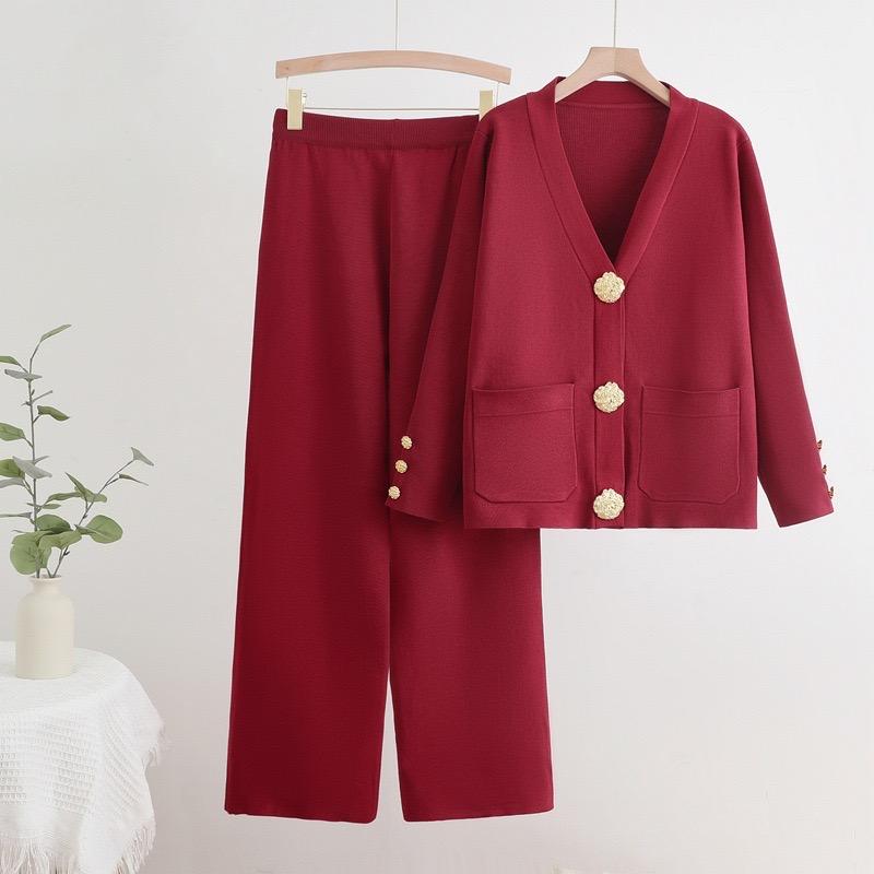 

Осінньо-зимові елегантні жіночі комплекти з 2 предметів: светр з V-подібним вирізом, кардиган, пальто, топи, ансамбль, штани до щиколотки з високою посадкою та широкими штанинами, вбрання One Size червоний