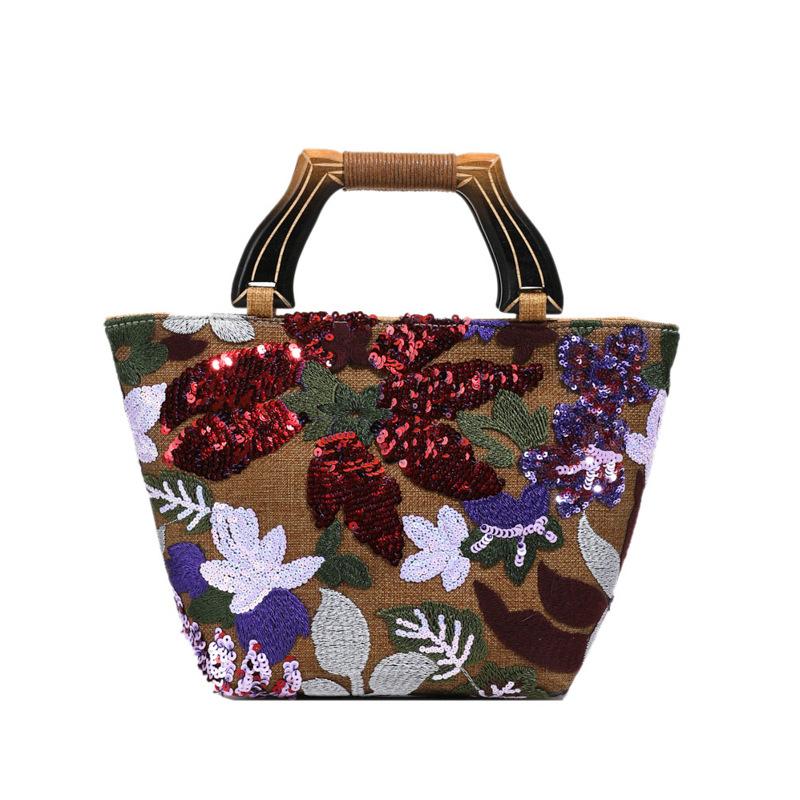 

Сумка-тоут с вышивкой пайетками, сумка с цветочной аппликацией, женская сумка, сетчатые льняные корзины для женщин, клатч с деревянной ручкой, кошельки 32x10x21cm