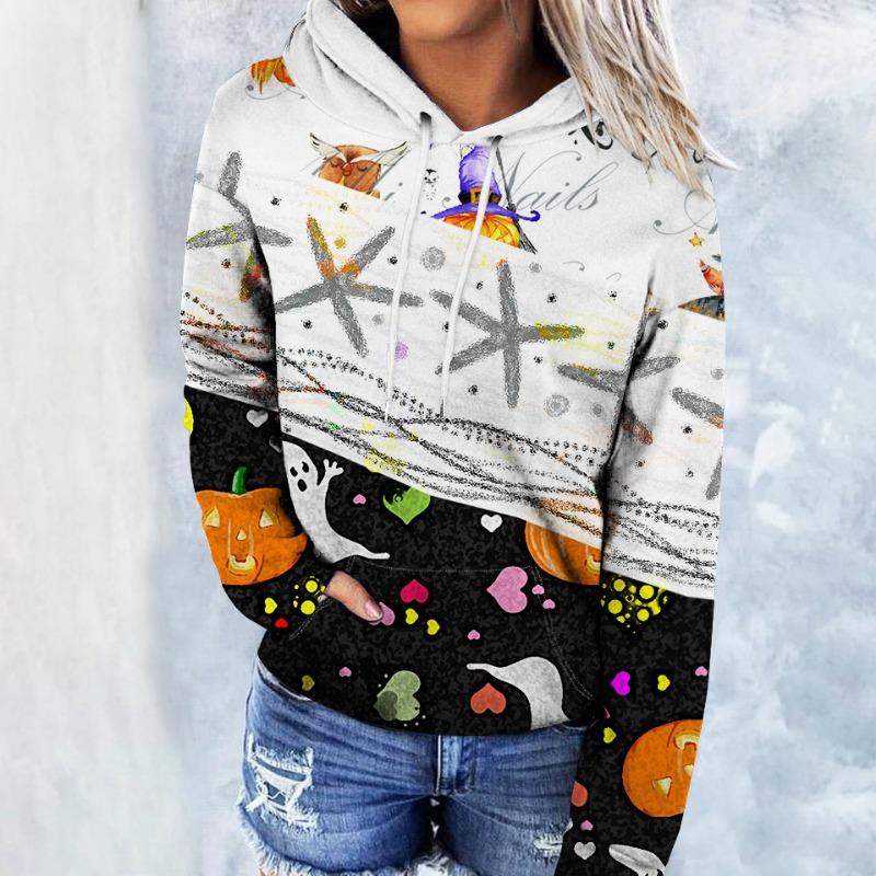 Spring and Autumn Women 3D Printed with Color Pattern Elements Hoodie Trendy Loose Sweatshirt Long Sleeve Hoodie
