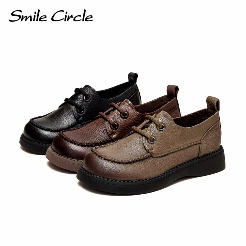 Damen-Schuhe aus Naturleder, klobige, flache Schuhe, zum Schnüren, modische Freizeitschuhe, niedrige Oberseite, runder Kopf, Damen-Arbeitsschuhe