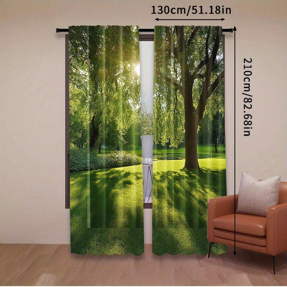 2 pieces of summer forest light and shadow printed curtains, pole bag curtains, home decoration, room decoration