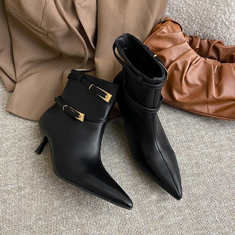 Fashion temperament pointed black women's short boots women's new autumn and winter thin heel leather boots versatile high heels