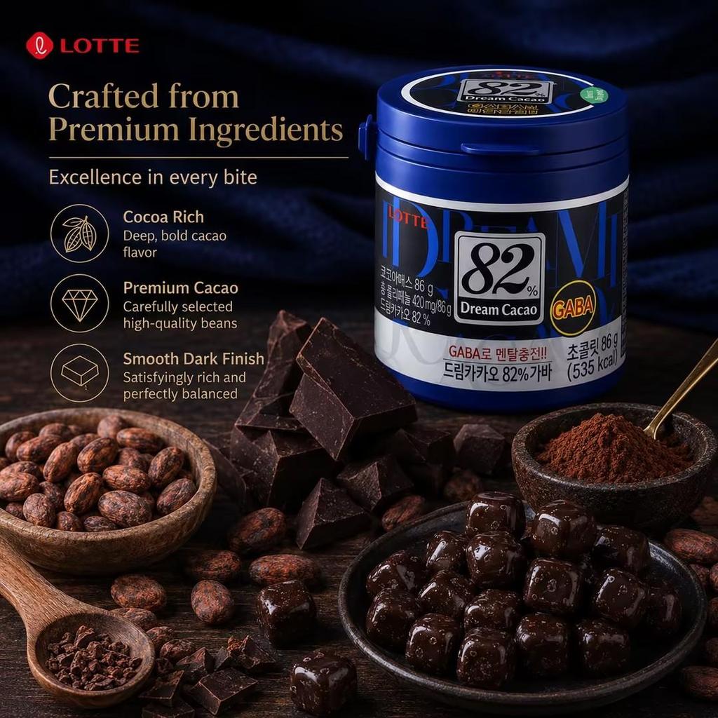 Lotte Dream Chocolate al 82% 86g | Sabor Fuerte y Rico a Cacao, Textura Suave y Fundente, Amargor Suave Distintivo