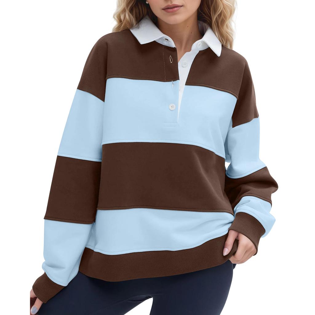 Women's Stylish Casual Loose Fit Long Sleeve Pullover Sweatshirt with Zipper and Collar