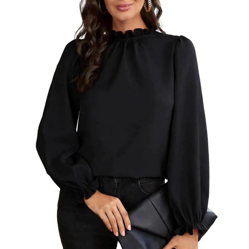 Women's Lace-Trimmed High-Neck Long-Sleeve Top Blouse