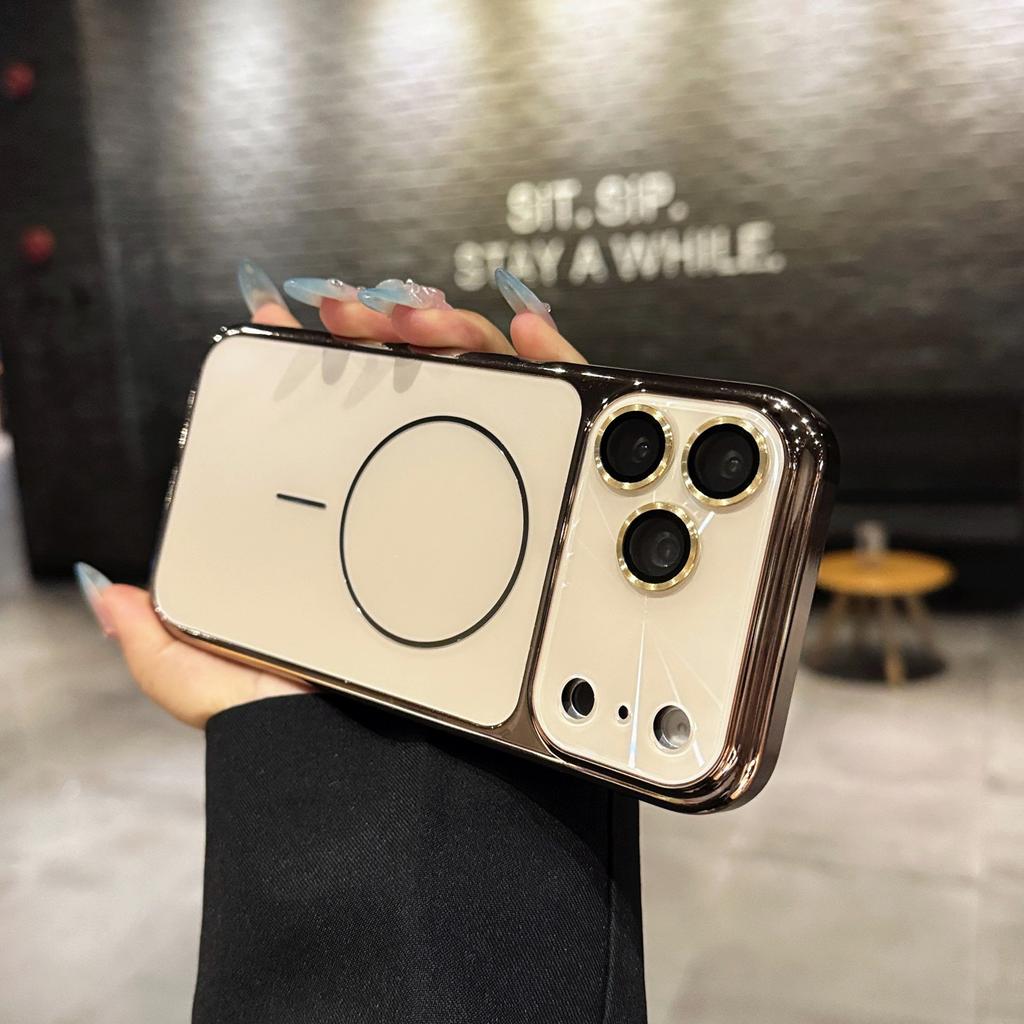 Luxury Plating Laser Camera Magnetic Case For 18 17 16 15 14 Pro Max Glass Lens Shockproof For Magsafe Hard Full Cover