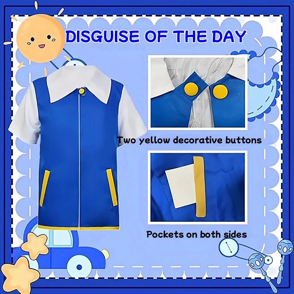 Pokemon Ash Ketchum Dětský Cosplay Kostým Set s Kloboukem Vesta Rukavice 4-5 Let 120cm Narozeninový Dárek Halloween Role Play Trenérský Oblek