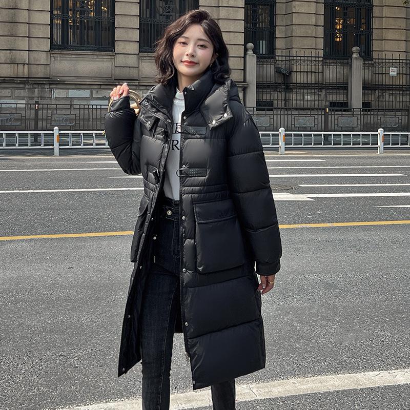 Winter New Horn Buckle Loose Down Cotton Long Women's Padded Hooded Over-the-knee Cotton Coat.