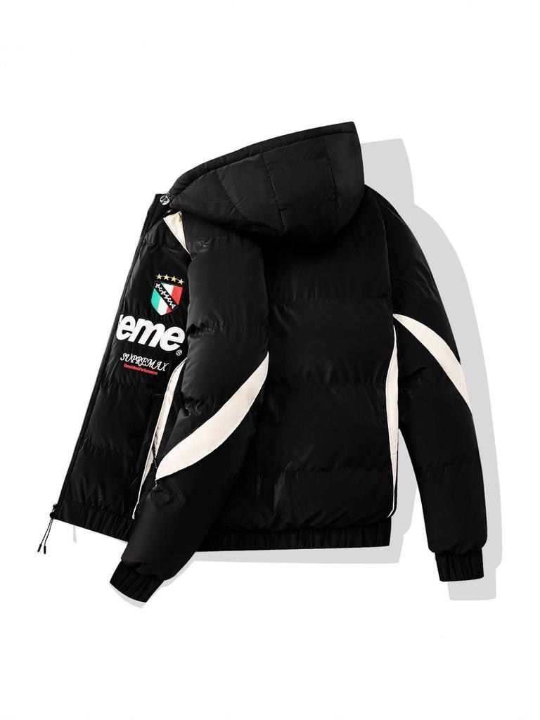 Amerikaans Geborduurde Katoenen Jas met Opstaande Kraag, Afneembare Capuchon en Retro Stijl – Dikke, Warme en Trendy Puffer Buitenjas.