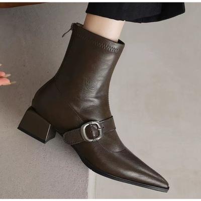 Stivali da Donna Stivaletti alla Moda per Donna Punta Appuntita Scarpe da Donna Tacco Basso Stivali in Pelle Casual Neri Inverno Scarpe con Plateau