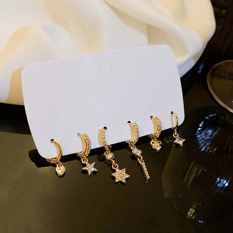 6Pcs/Set New Gold Color Geometric Pendant Hoop Earrings for Women Crystal Star Heart Bow Drop Earring Cartilage Piercing Zircon