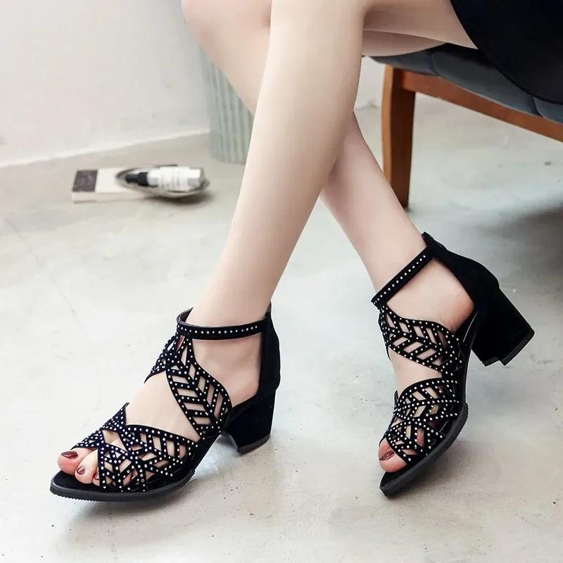 Fashion 2025 Fashionable Rhinestone Fish Mouth  Women's Summer New Hollow-out Large Size Chunky Heel Midheel Back Zipper Sandals