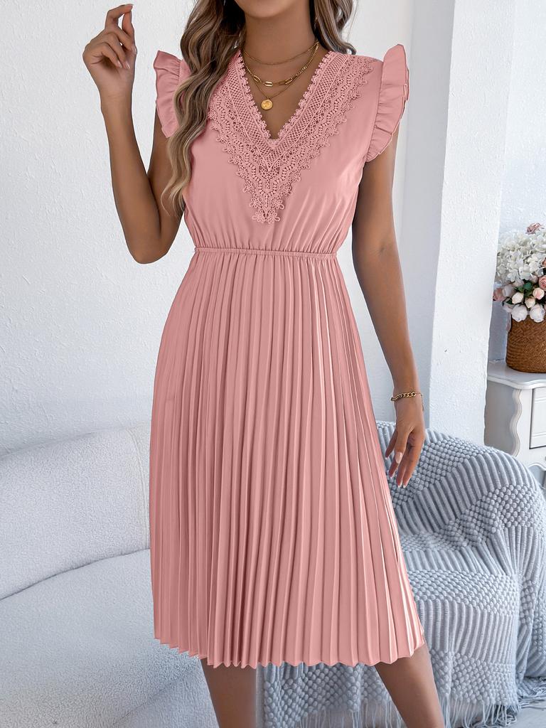 Women Solid Color Casual Lace V Neck Ruffled High Waist Pleated Sleeveless Long Dress