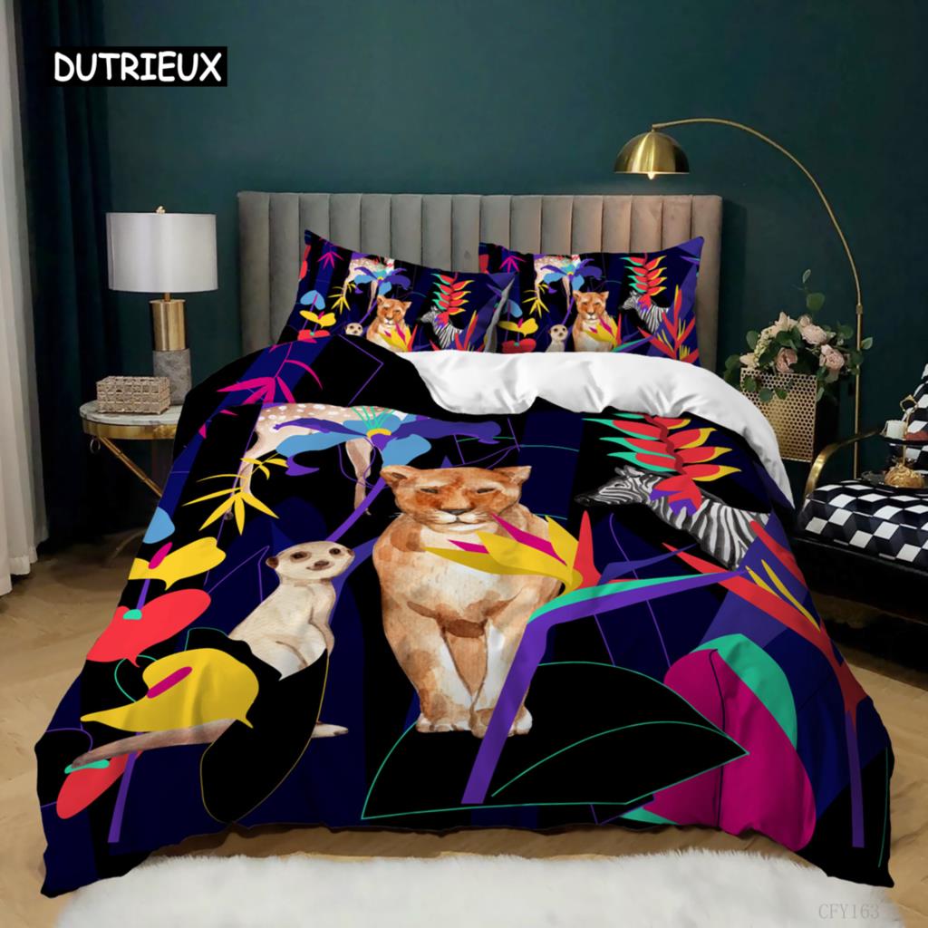 Tier Bettbezug Set King Twin Größe Elch Giraffe Löwe Tiger Muster Bettwäsche Set Mikrofaser Regenwald Tiere Thema Bettdeckenbezug