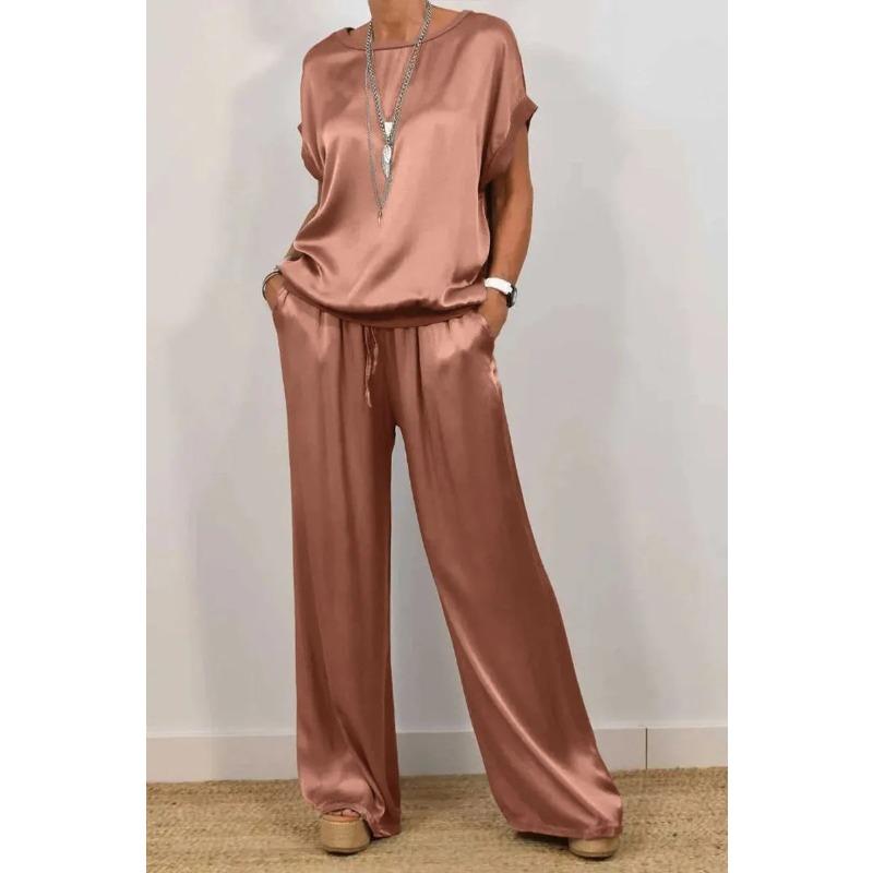 

Summer Women s Pajama Set Loose Short-sleeved Shirt, Wide-leg Trousers, Casual Home Suit 3XL шоколадний