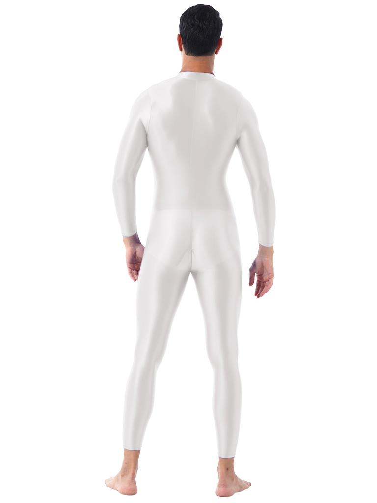 Mens Shiny High Neck Long Sleeve Double Ended Zipper Leotard Bodysuit