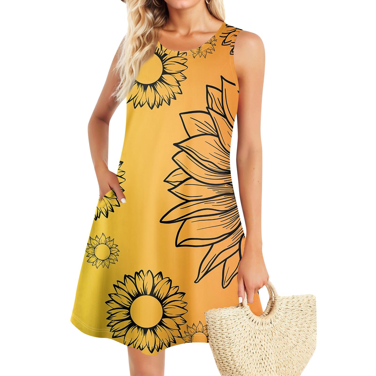 

Летние платья для женщин Пляжный Бохо без рукавов Винтажный принт Футболка с карманами Сарафаны-майки XL жёлтый