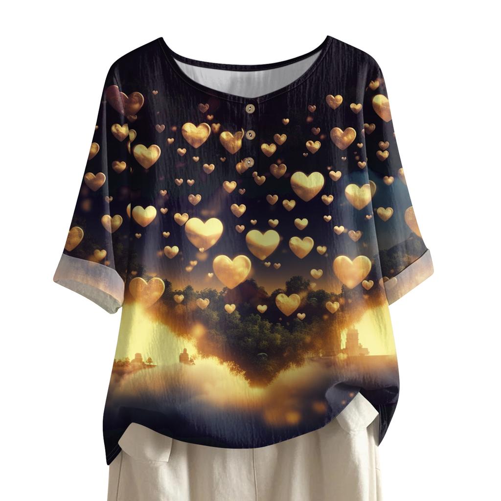 Women's Casual And Comfortable Mid,Length Round,Neck Fashion Print Cotton,Linen Top
