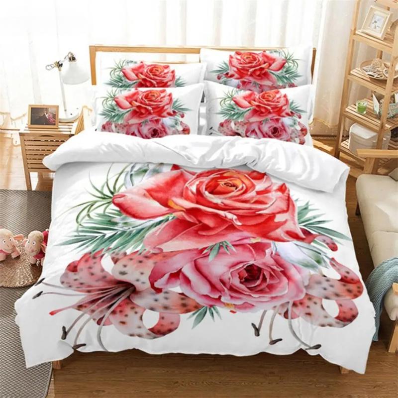 Red Rose Flowers Bedding Set Fashion Duvet Cover Gift For Women Girls Twin Single Queen King Full Size Polyester Duvet Cover Set