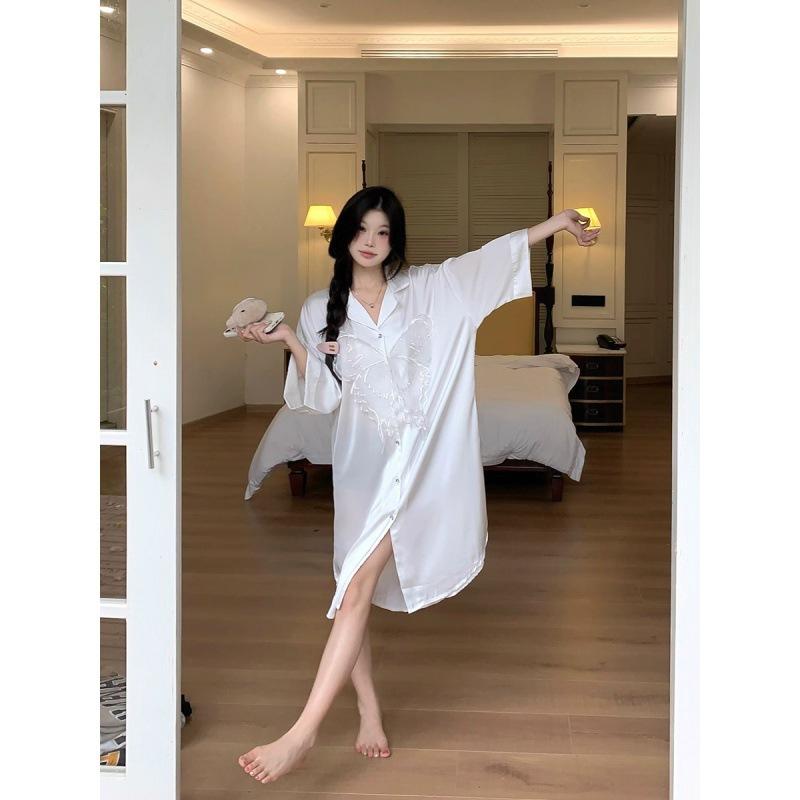 Sexy Pajamas Women's Ice Silk Shirt Skirt Pure Wind Can Be Worn Outside Cardigan Butterfly Silk Real Shot Loungewear