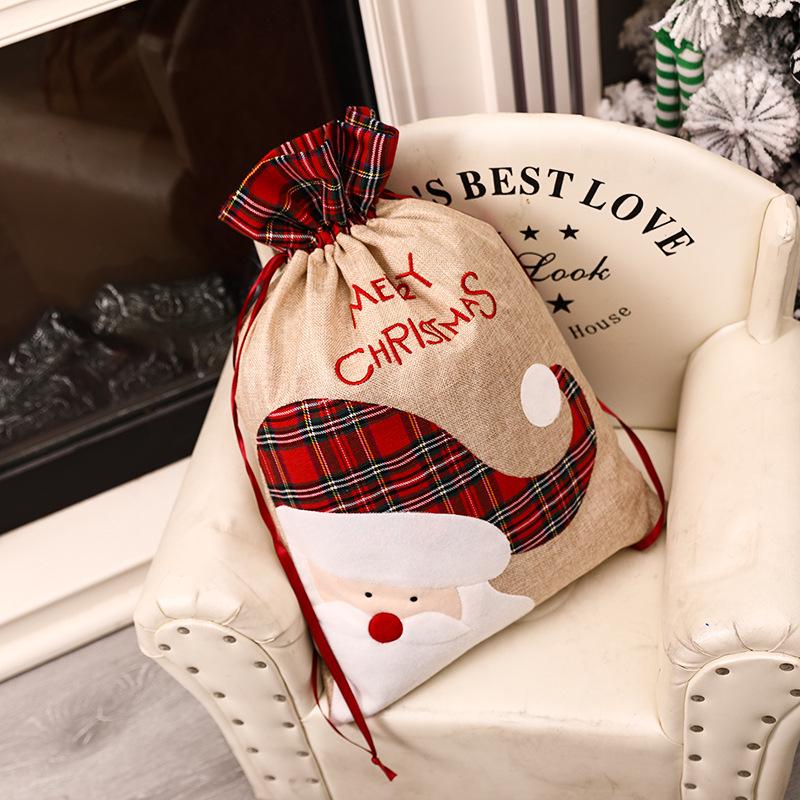 

Burlap Plaid Edge Christmas Gift Bag with Drawstring, Children s Candy Bag & Embroidery Decoration Props
