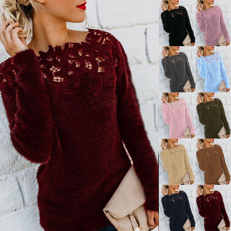 Cozy Women's Autumn Winter Fleece Sweater Tops With Elegant Lace Design For Style