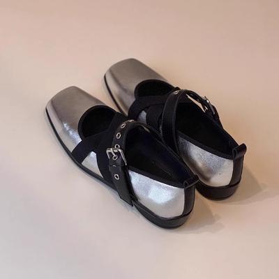 Wersja ze skóry owczej~ Francuski styl baletowy krzyżowy pasek kwadratowy nosek buty Mary Jane damskie jedno-paskowe zapięcie płytki otwór sportowe płaska podeszwa pojedyncze buty