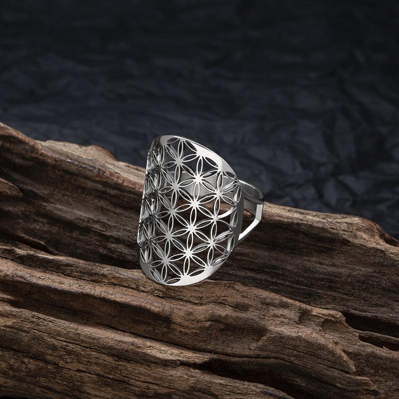 Edelstahl Großer Hohlblumen des Lebens Ring Verstellbar Heilige Geometrie Ringe Für Frauen Männer Schmuck