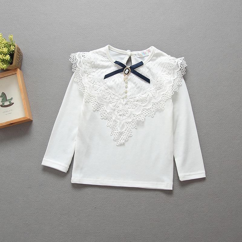 Girls' Spring & Autumn Korean Style Lace Beaded T-Shirt Top