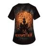 Women's V Neck Short Sleeve Work Shirt Halloween Print Top with Side Slits and Pockets Casual Fit Comfortable Fabric for Daily Wear
