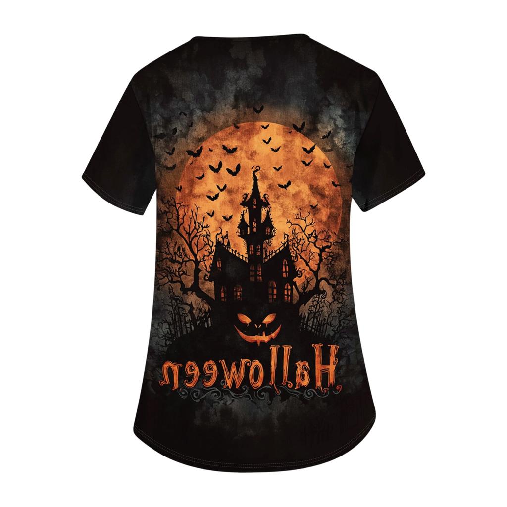 Women's V Neck Short Sleeve Work Shirt Halloween Print Top with Side Slits and Pockets Casual Fit Comfortable Fabric for Daily Wear