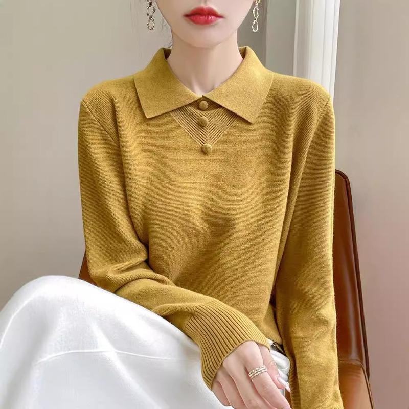 Age-reducing Lapel-neck Knitted Sweater Women's Long-sleeved Loose Early Autumn Bottoming Shirt Top Button-embellished PO Collar Inner Sweater