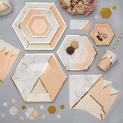 Pink Marble Paper Cups Plates Napkins With Bronzing Disposable Paper Tableware For Party Cake Plate Cups Wedding Birthday Banquet Decoration Supplies