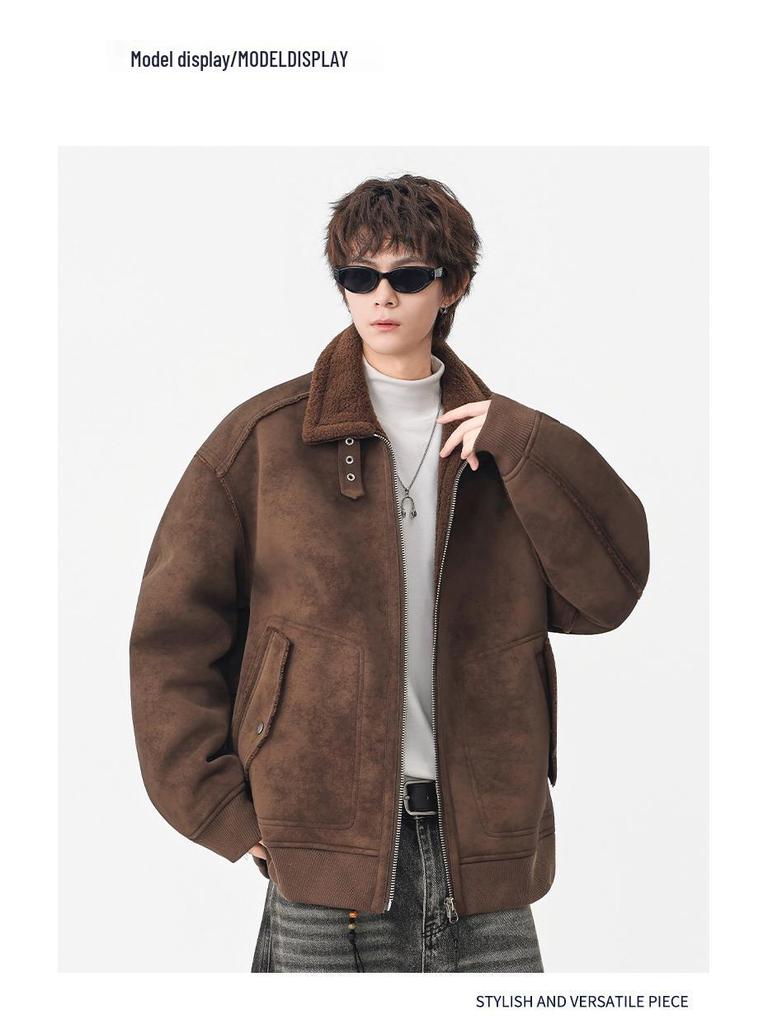 Mu Yuan Men's 2025 Winter Shearling Cotton Stand Collar Vintage Streetwear Jacket