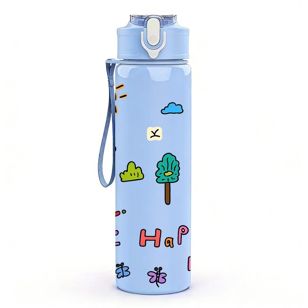 1PC Happy Day Slogan 750ml Color Plastic Sports Water Bottle Leakproof Flip Straw Lid Suitable for Sports Office Home Use