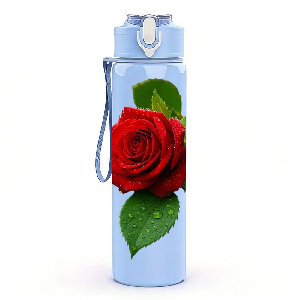 1PC Single Vivid Red Rose Bloom Print 750ml Color Plastic Sports Water Bottle Leakproof Flip Straw Lid Suitable for Sports Office Home Use