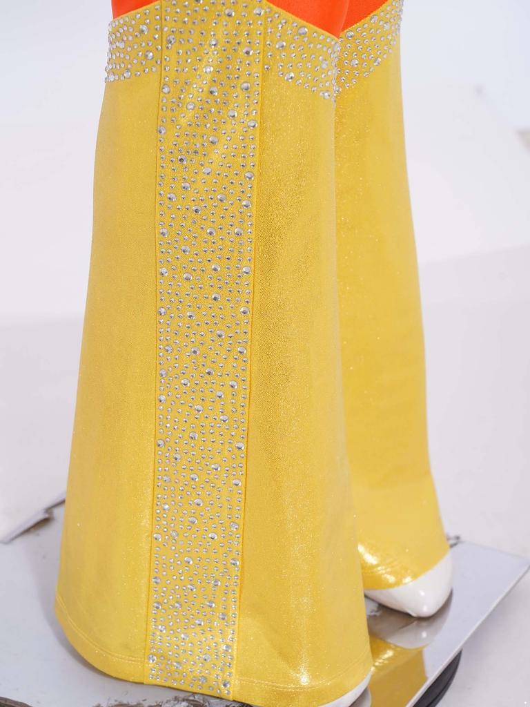 Dívčí gymnastický akrobatický taneční kostým Lesklé kamínky Zvonové kalhoty Elastický pas Barevný blok Kalhoty se zvonovými nohavicemi