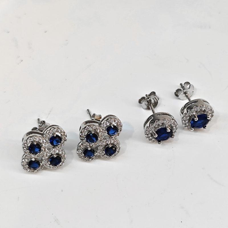 Blaue modische Damen-Ohrringe mit Zirkonia in 925er Silber, rund, Ohrstecker aus 925er Sterlingsilber, 2 Paar