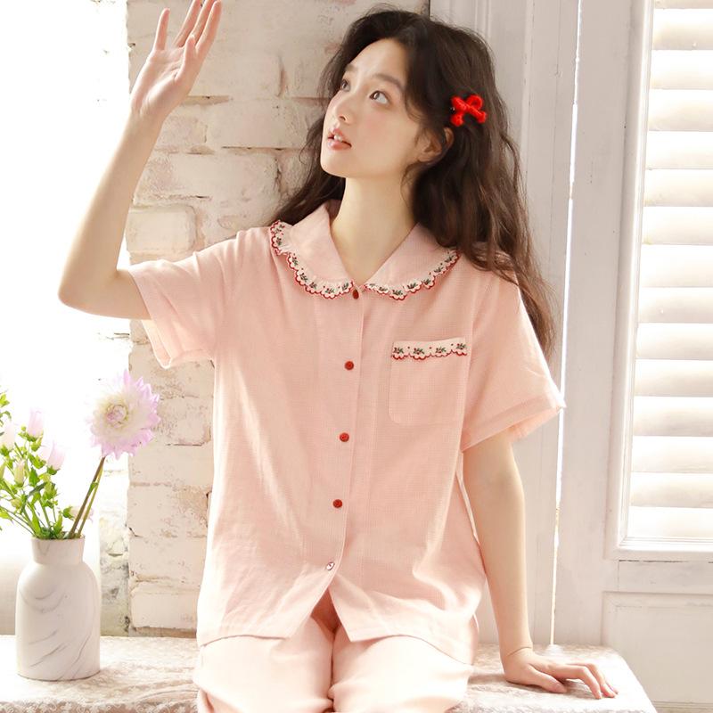 Summer pajamas women's pure cotton cotton yarn sweet high-tech embroidered women's doll collar can be worn outside short-sleeved trousers set 19