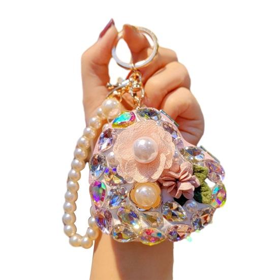 Folding Mirror Keychain Ladies Double-Sided Make-up Mirror with Faux Pearl Chain Rhinestone Mirror Pendant for Travel Touch-ups Bag Accessory