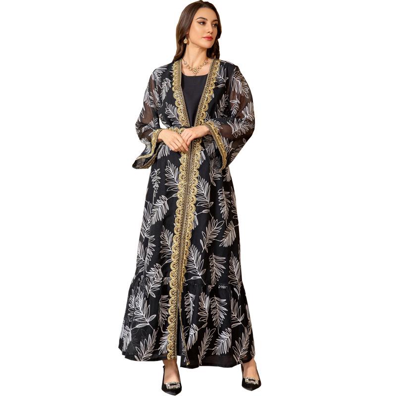 AB363 Dubai Eid al-Adha Mesh Embroidery Patchwork Muslim Two-Piece Set